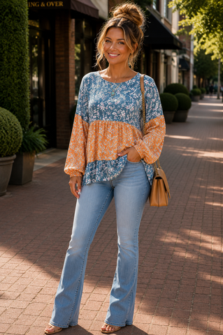 Boho Blossom Top - Orange and Blue