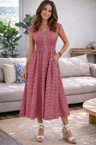 Checkered Cinched Waist Dress - Red