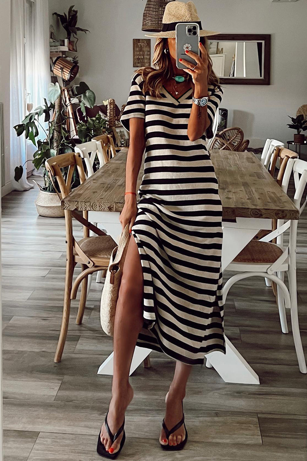 long v neck t shirt dress Heathered Knit V-neck T-Shirt Dress