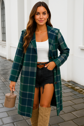 Soft Trench Length Hooded Plaid Fall Shacket - Green