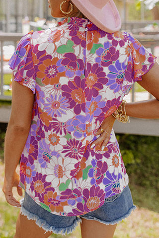 Retro Print Flutter Sleeve Top - Purple