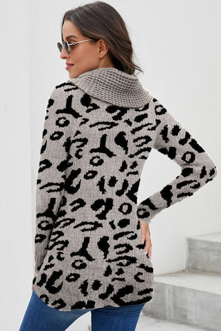 Wrap Turtleneck Sweater - Gray Leopard
