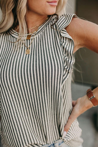 Striped Ruffle Sleeve Top - Gray