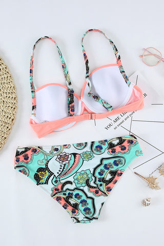 Paisley Push Up Bikini - Peach and Aqua