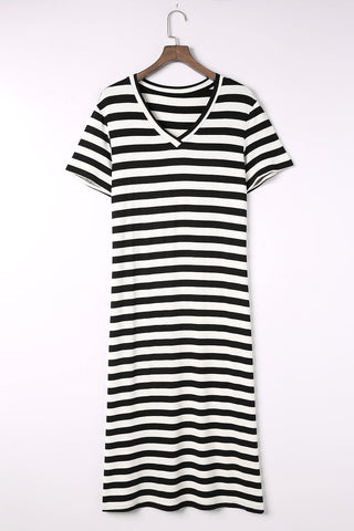 V-Neck T-Shirt Dress - White and Black