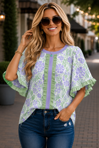 Ruffle Detail Floral Top - Purple and Green
