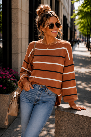 Simple Striped Sweater - Brown