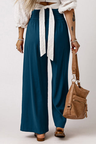Elastic Waist Wide Leg Pants -  Dark Blue
