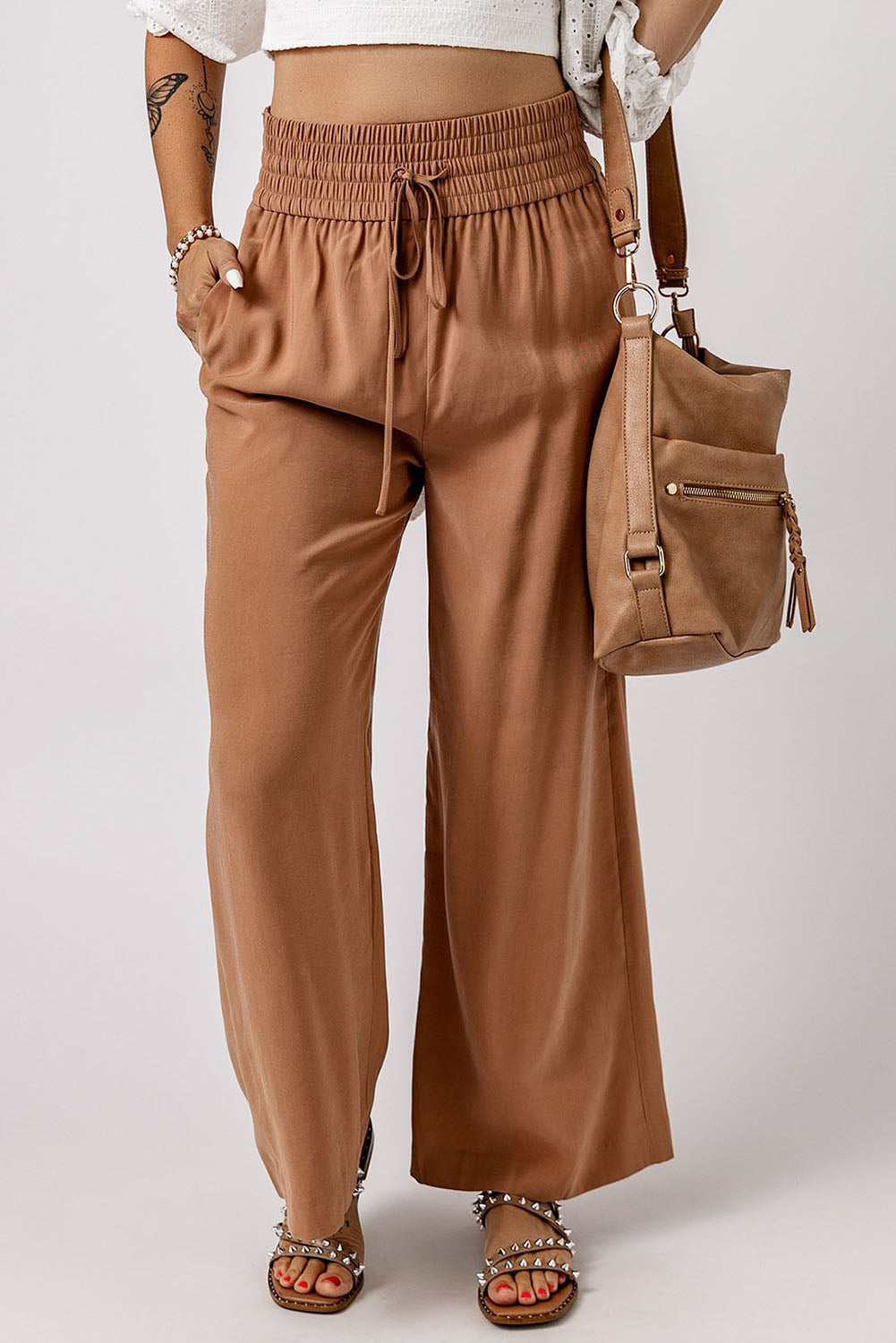 Vinyl Straight Leg Pants Camel, Eve's Fashion