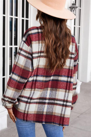 Flannel Plaid Shacket with Pockets - Red