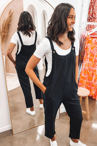 Linen Cropped Bibs- Black