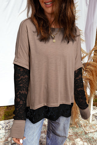 Lace Sleeve Top - Tan and Black