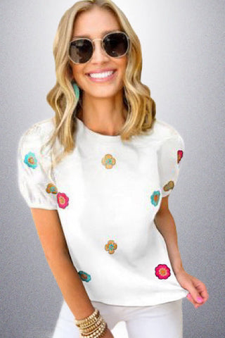 Daisy Pop Embroidered Top - White