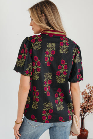 Mandarin Collar Rose Printed Top - Black