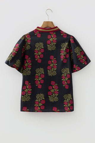 Mandarin Collar Rose Printed Top - Black
