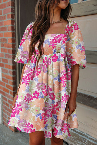 Retro  Florals Puff Sleeve Dress - Bright