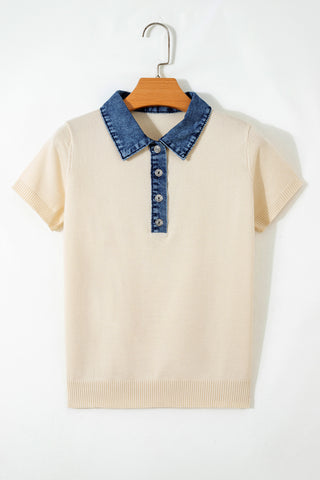 Denim Collar Knit Top - Beige