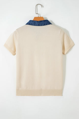Denim Collar Knit Top - Beige