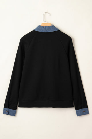 Denim Collar and Cuff 3/4 Sleeve Top - Black