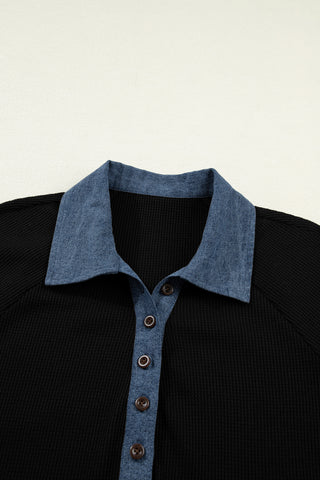 Denim Collar and Cuff 3/4 Sleeve Top - Black