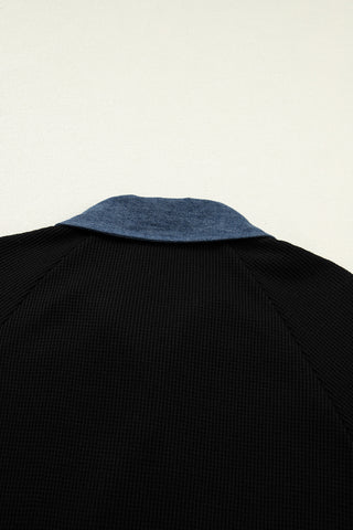Denim Collar and Cuff 3/4 Sleeve Top - Black