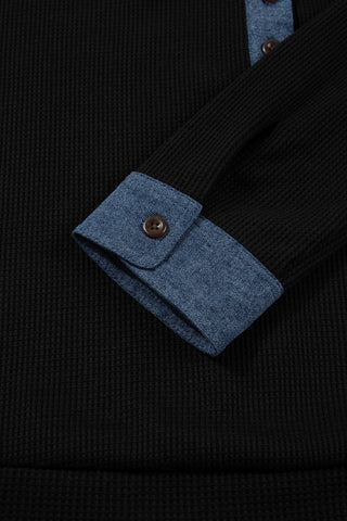 Denim Collar and Cuff 3/4 Sleeve Top - Black