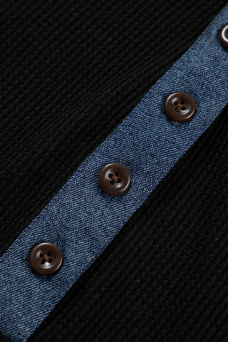 Denim Collar and Cuff 3/4 Sleeve Top - Black