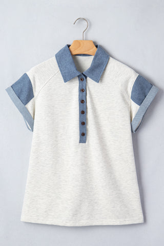 Denim Collar and Cuff Short Sleeve Top - Light Gray