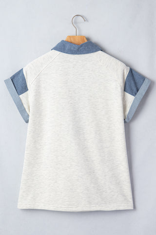 Denim Collar and Cuff Short Sleeve Top - Light Gray