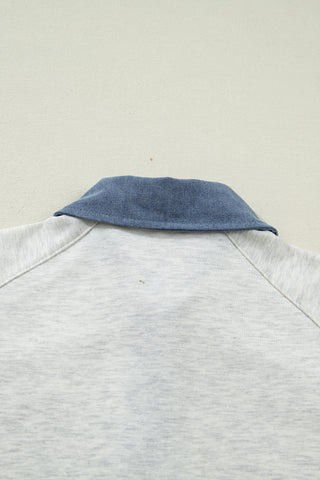 Denim Collar and Cuff Short Sleeve Top - Light Gray