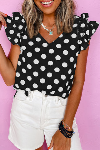 Ruffle Sleeve Polka Dot Top - Black