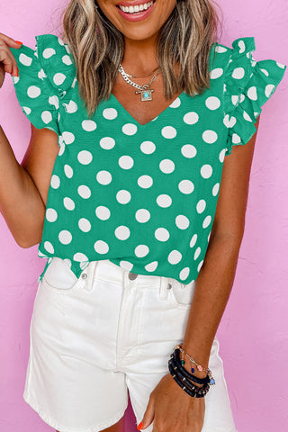 Ruffle Sleeve Polka Dot Top - Green