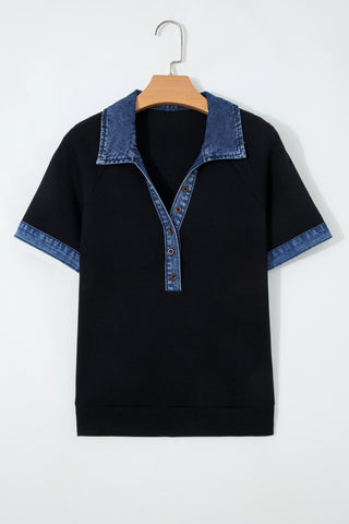 Denim Collar and Cuff Waffle Knit Top - Black