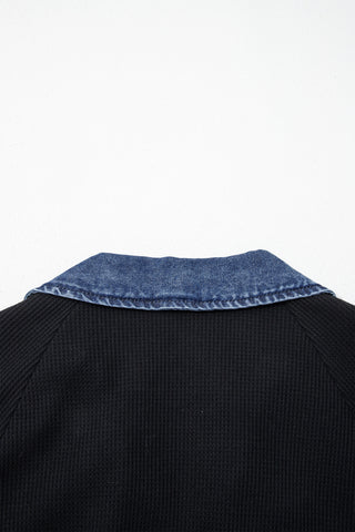 Denim Collar and Cuff Waffle Knit Top - Black