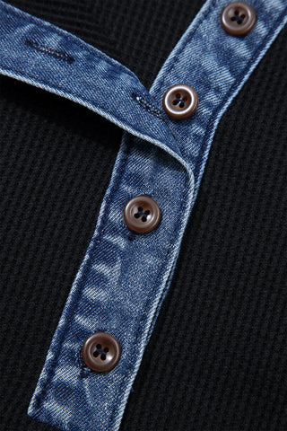 Denim Collar and Cuff Waffle Knit Top - Black