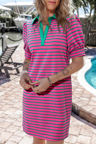 Polo Style Striped Dress - Pink