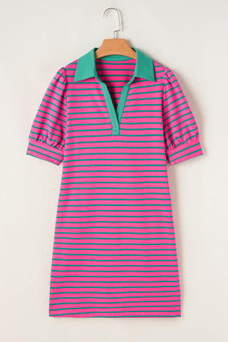 Polo Style Striped Dress - Pink