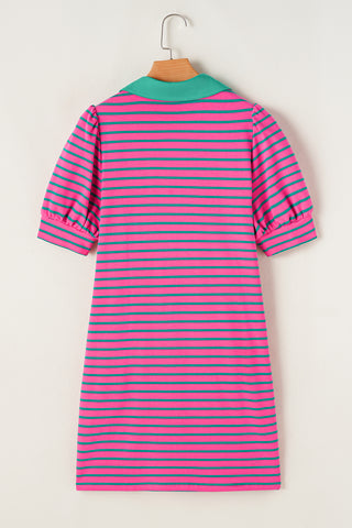 Polo Style Striped Dress - Pink