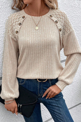 Button Detail Lace Ribbed Top - Oatmeal
