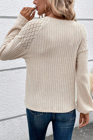 Button Detail Lace Ribbed Top - Oatmeal