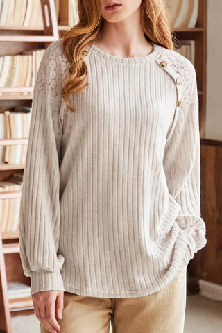 Button Detail Lace Ribbed Top - Oatmeal