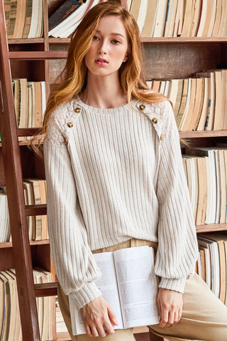 Button Detail Lace Ribbed Top - Oatmeal