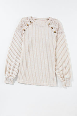 Button Detail Lace Ribbed Top - Oatmeal