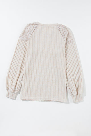 Button Detail Lace Ribbed Top - Oatmeal