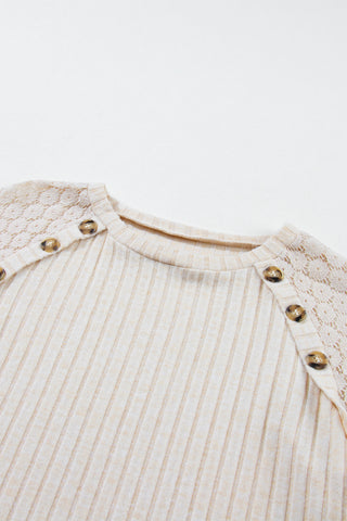 Button Detail Lace Ribbed Top - Oatmeal
