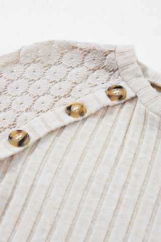 Button Detail Lace Ribbed Top - Oatmeal