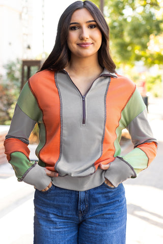 Color Block Pullover - Tangerine and Sage