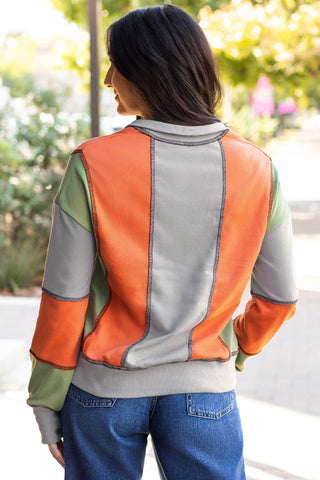 Color Block Pullover - Tangerine and Sage