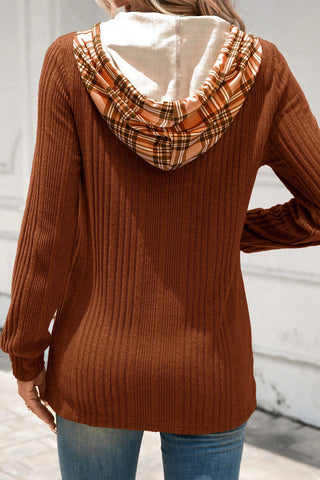 Sweater Knit Plaid Hoodie - Rust