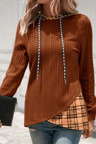 Sweater Knit Plaid Hoodie - Rust